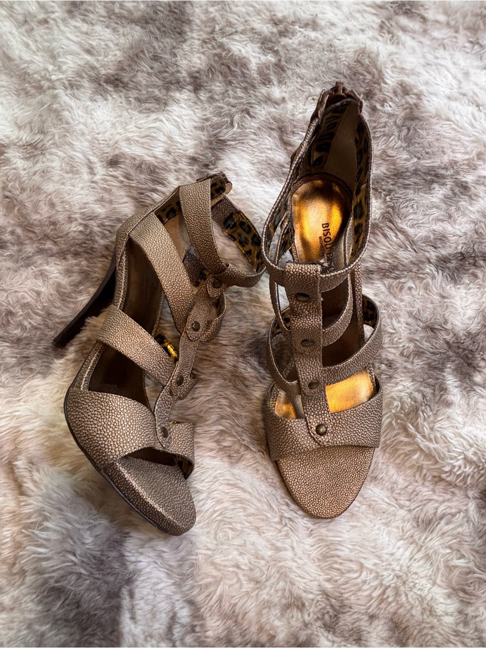Bisou Bisou Taupe Textured Strappy High Heel Sandals
